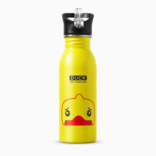 Bouteille inox enfant compacte rose ornée d'un dessin animal, idéale pour l'école et randonnée