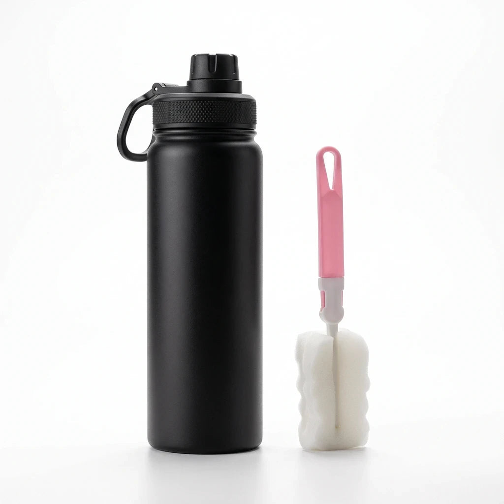 Bidon vélo inox 600 ml avec fermeture anti-fuite, coloris noir brillant