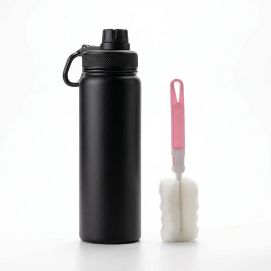 Bidon vélo inox 600 ml avec fermeture anti-fuite, coloris noir brillant