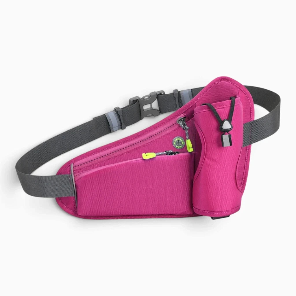 Porte gourde ceinture rouge en textile, fermé par zip sécurisé
