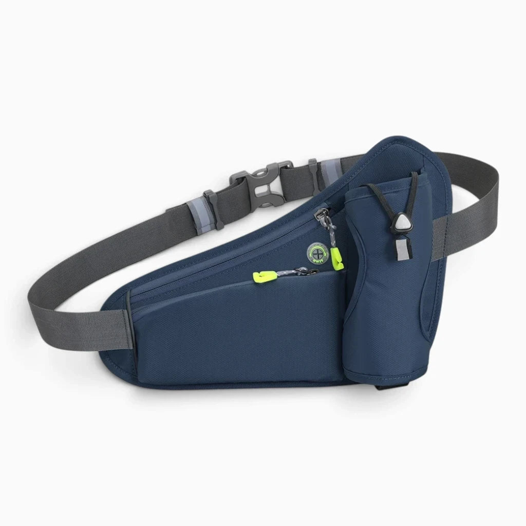 Porte gourde ceinture bleu en textile, porté autour de la taille pendant la course