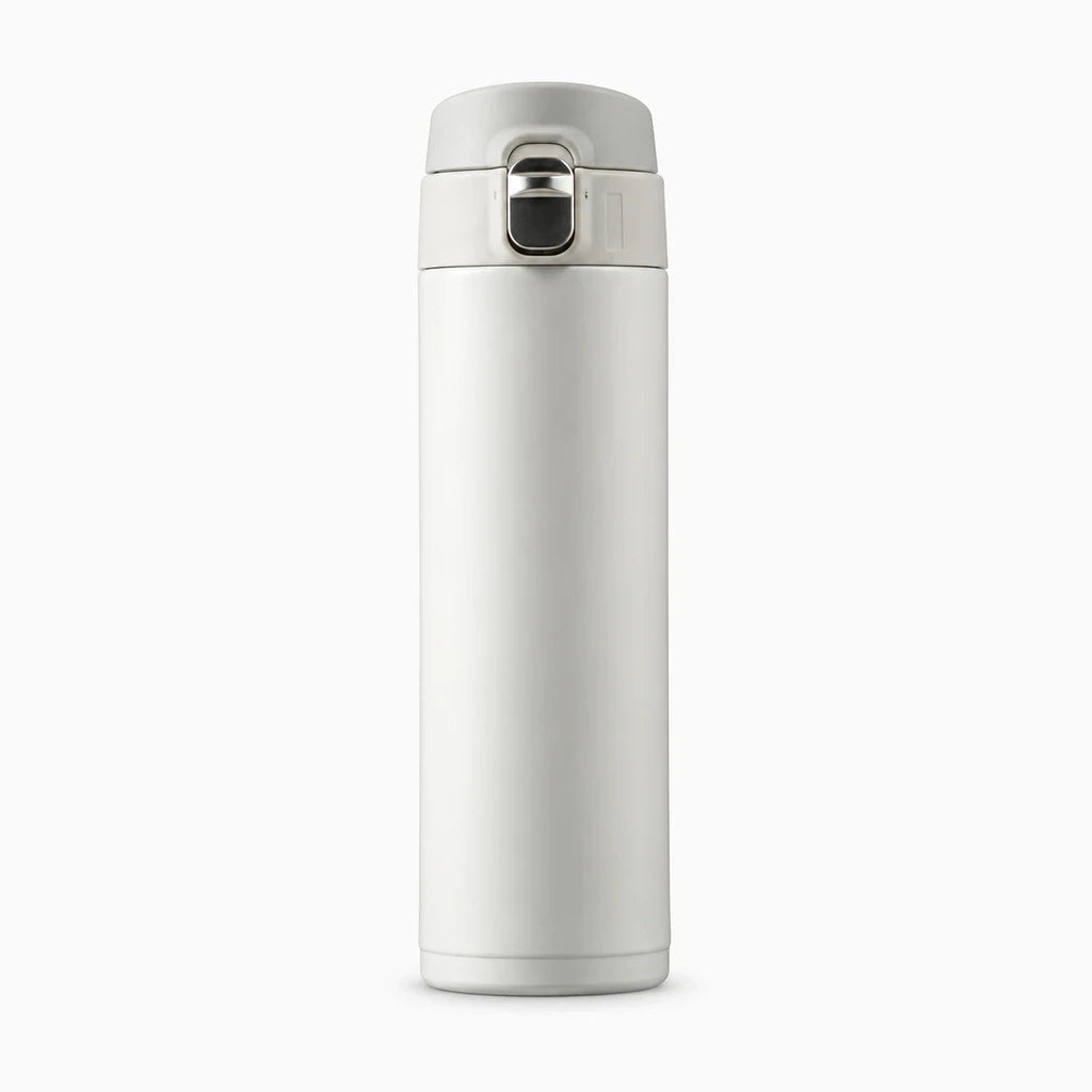 Gobelet thermos blanc à couvercle arrondi et bec verseur ergonomique