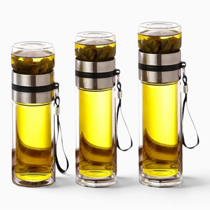 Gourde avec infuseur en verre double paroi et panier amovible pour thé