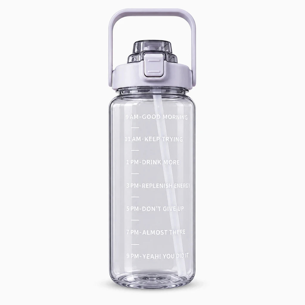 Gourde avec paille adulte 2 litres en plastique, graduations horaires pour suivi hydratation quotidienne
