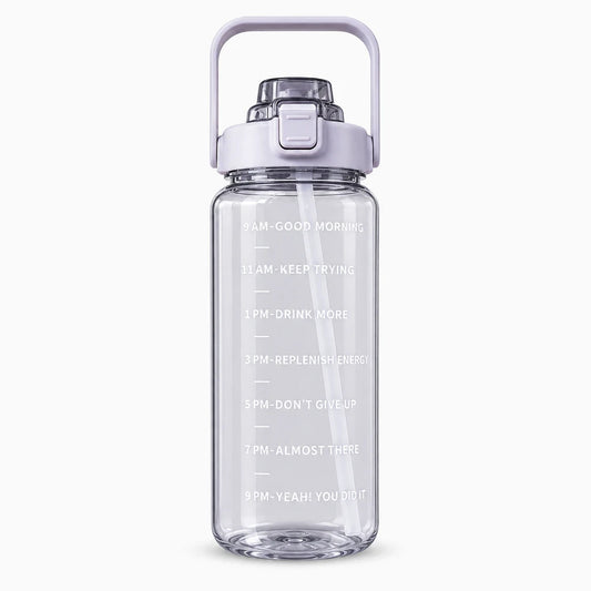 Gourde avec paille adulte 2 litres en plastique, graduations horaires pour suivi hydratation quotidienne