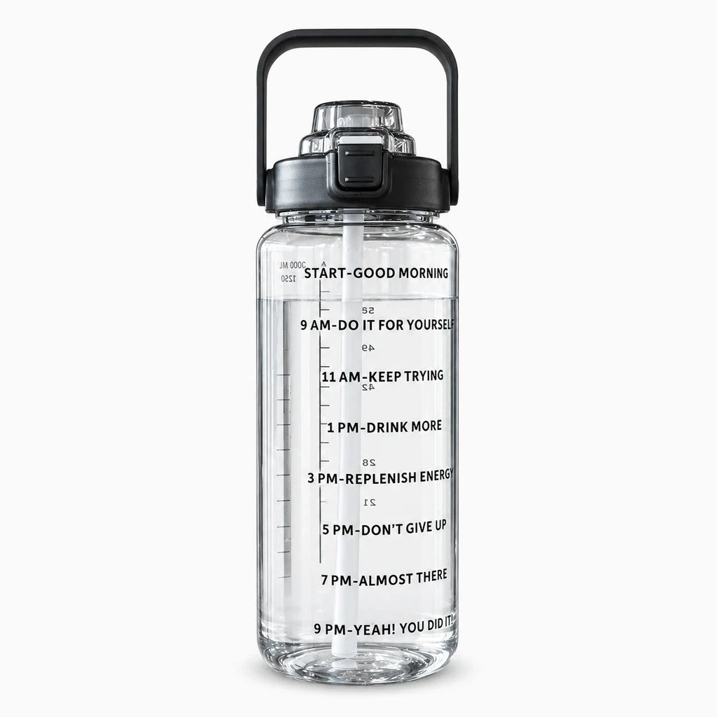 Bouteille graduée avec paille intégrée, contenance 2L, disponible en violet, noir, vert, bleu et rose