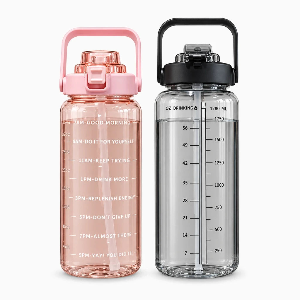 Bouteille 2L avec marquages temporels imprimés, aide à répartir consommation d'eau tout au long de la journée