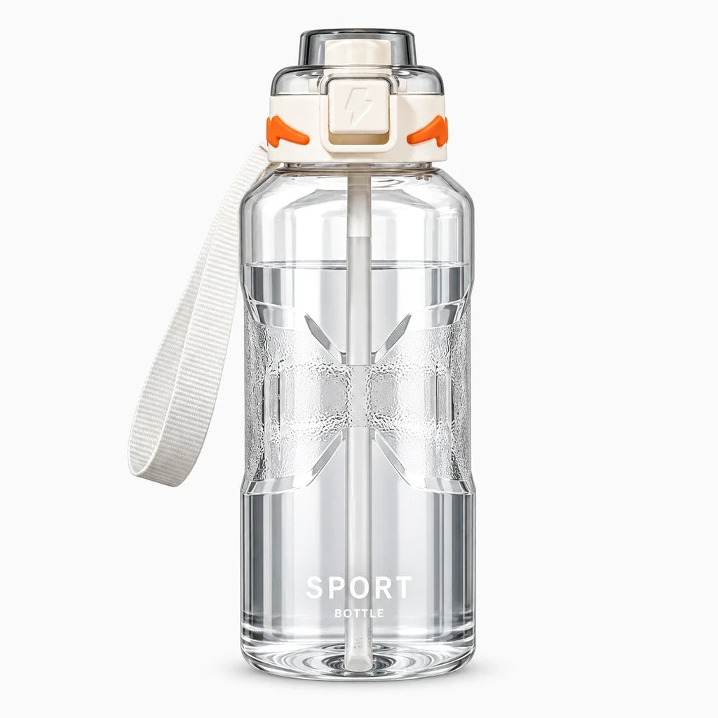 Gourde graduée 1,5 L avec paille fixe, design compact et ergonomique pour le sport et les sorties