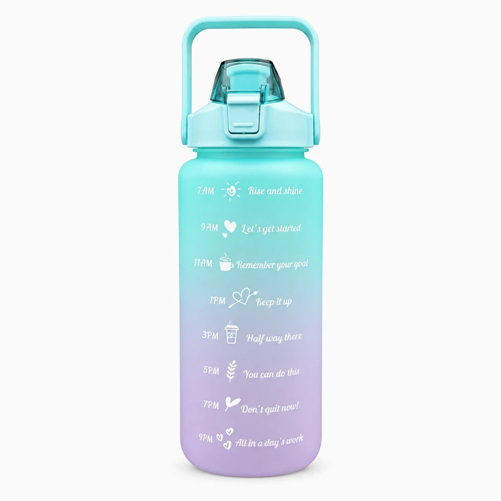 Gourde eau graduée 2 litres en plastique léger, corps violet et bouchon bleu avec graduations