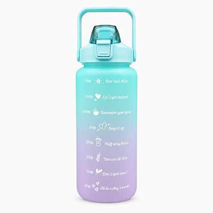 Gourde eau graduée 2 litres en plastique léger, corps violet et bouchon bleu avec graduations