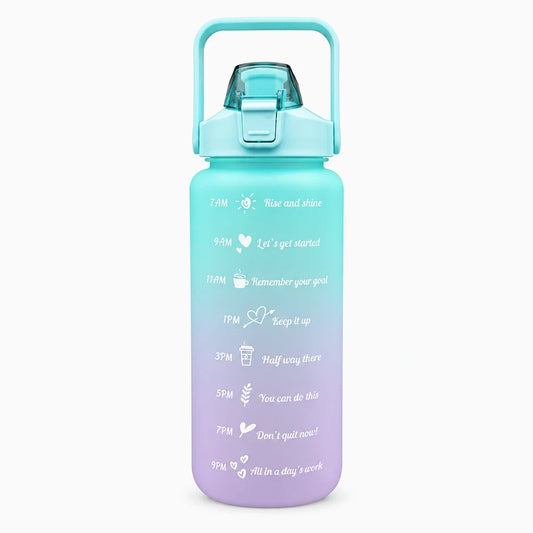 Gourde eau graduée 2 litres en plastique léger, corps violet et bouchon bleu avec graduations