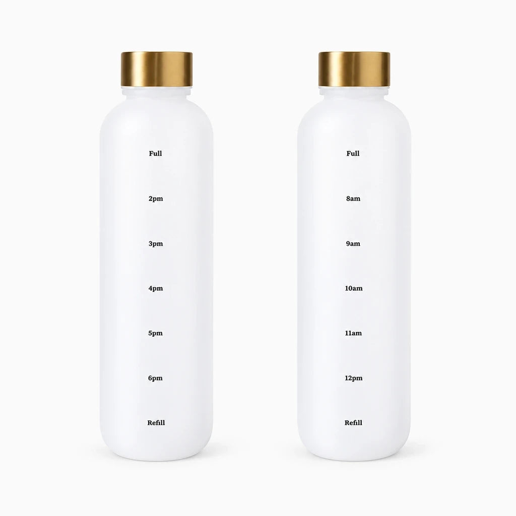 Gourde fitness 1000 ml en plastique givré avec graduations horaires et bouchon anti-fuite