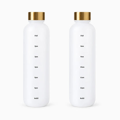 Gourde fitness 1000 ml en plastique givré avec graduations horaires et bouchon anti-fuite