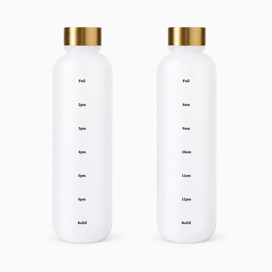 Gourde fitness 1000 ml en plastique givré avec graduations horaires et bouchon anti-fuite