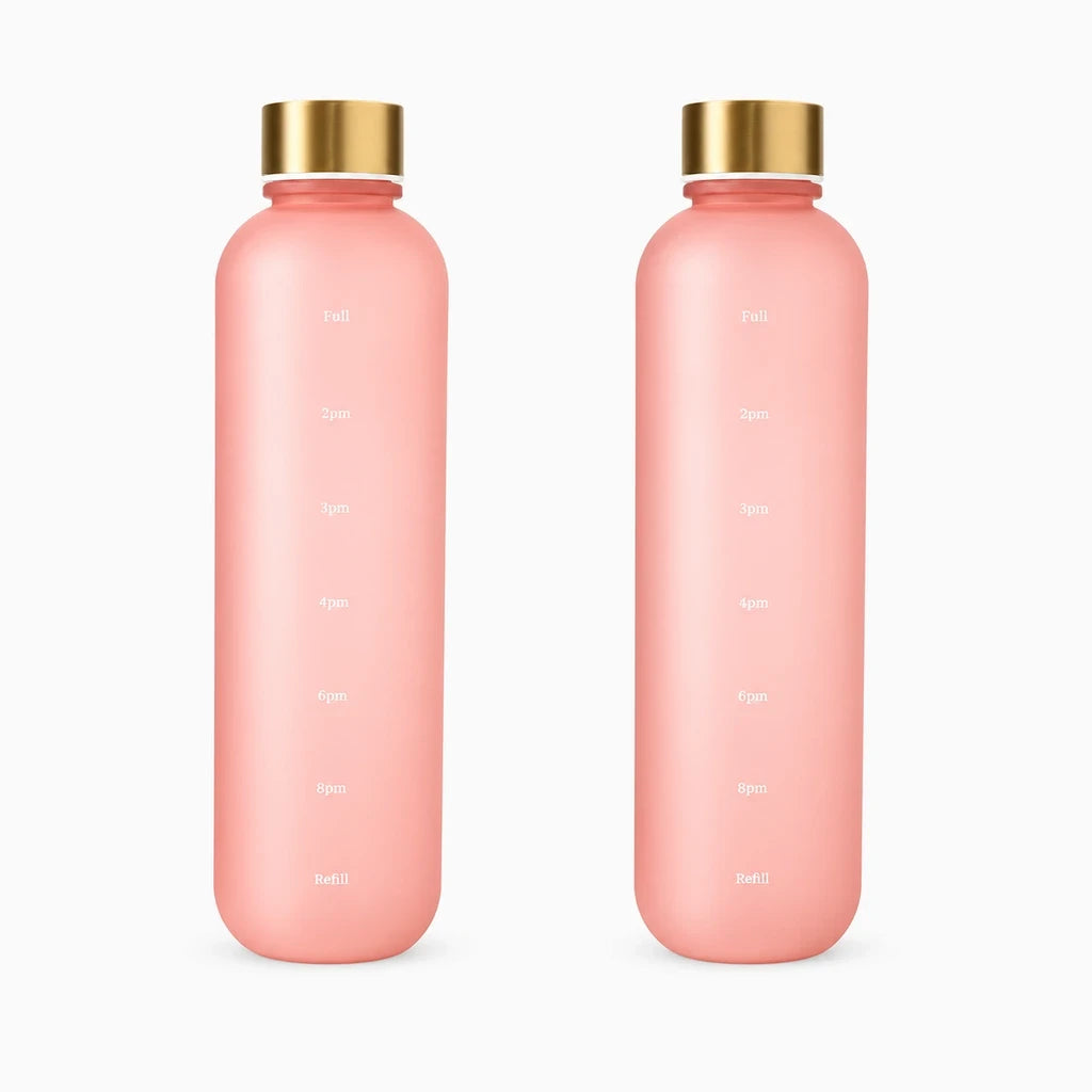 Bouteille fitness rose avec graduations de volume et bouchon hermétique sans fuite