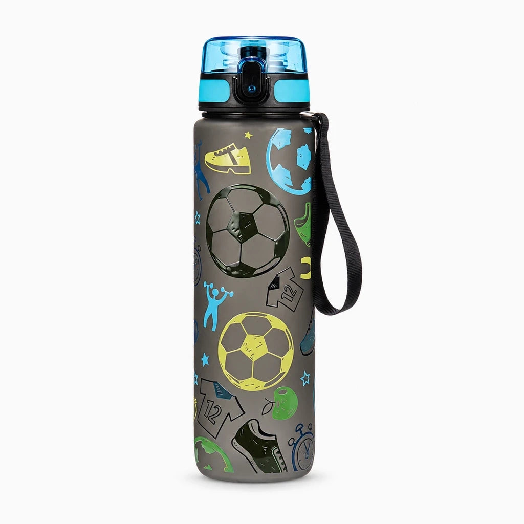 Gourde garçon 750 ml corps plastique motif football, fermeture rabattable anti-fuite