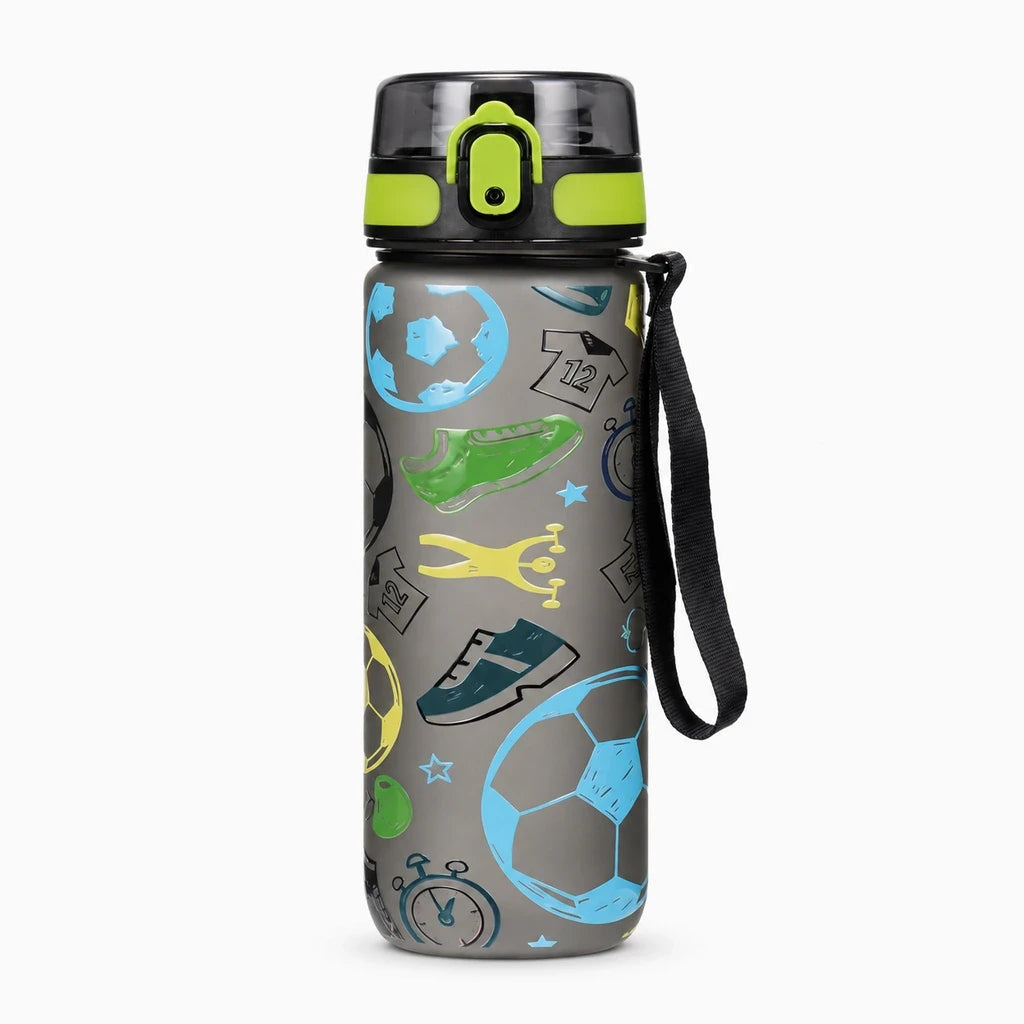 Gourde scolaire garçon compact gris et vert, fermeture étanche pour transport sécurisé