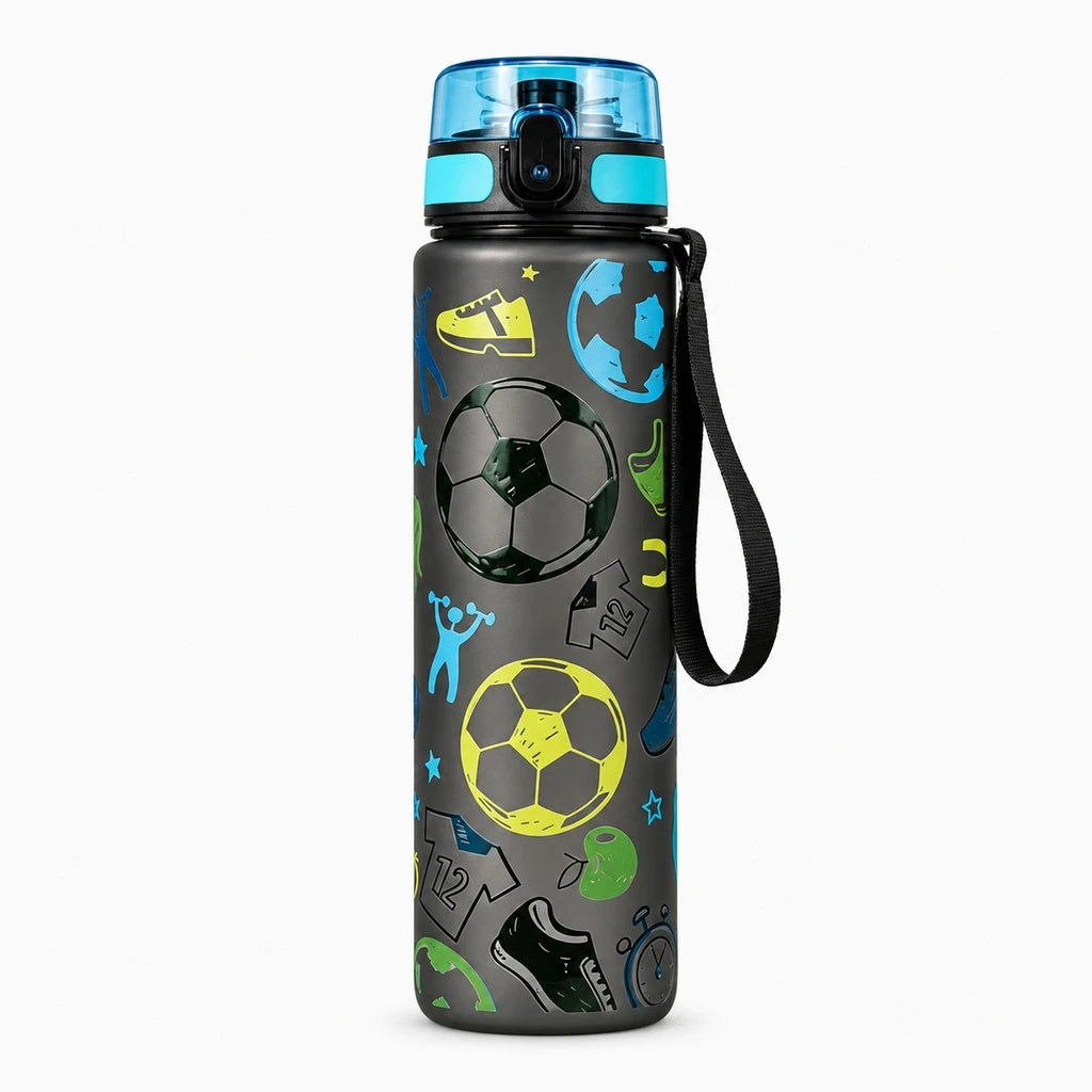 Bouteille réutilisable enfant gourde garçon, design football, poignée ergonomique intégrée
