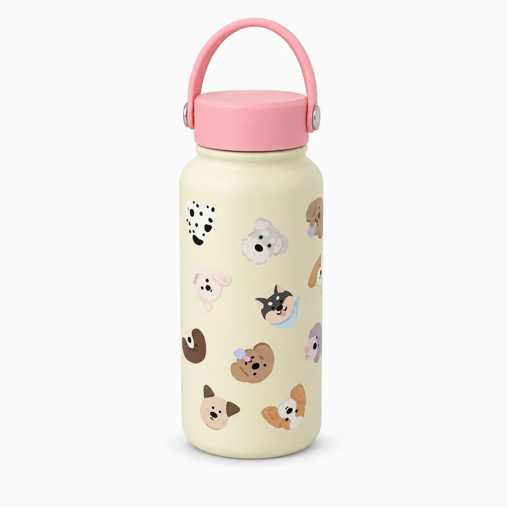 Bouteille thermique portable avec paille, décoration chiots colorés, 900 ml