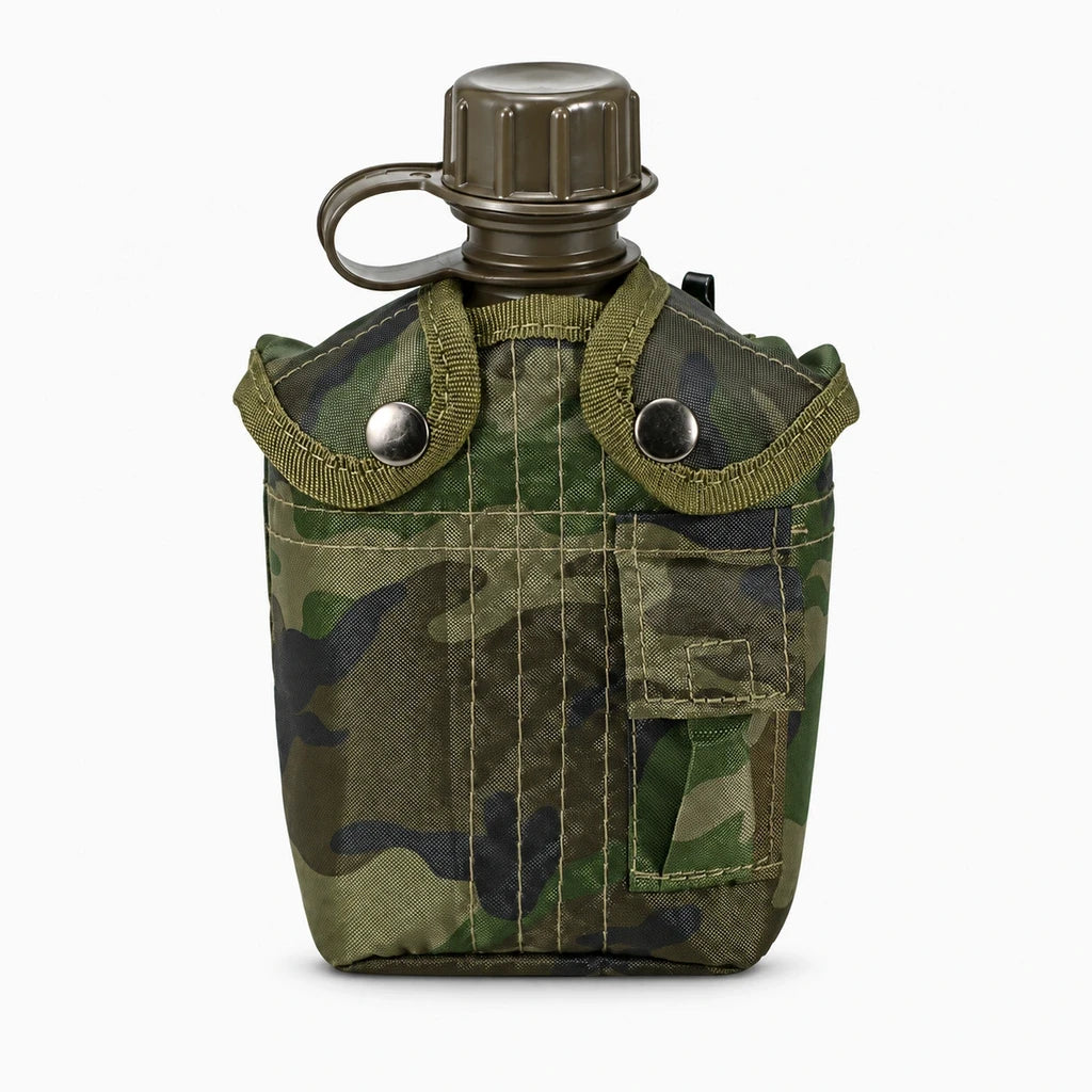 Gourde militaire 1 litre avec couvercle à vis, coloris camouflage, idéale pour randonnée et camping