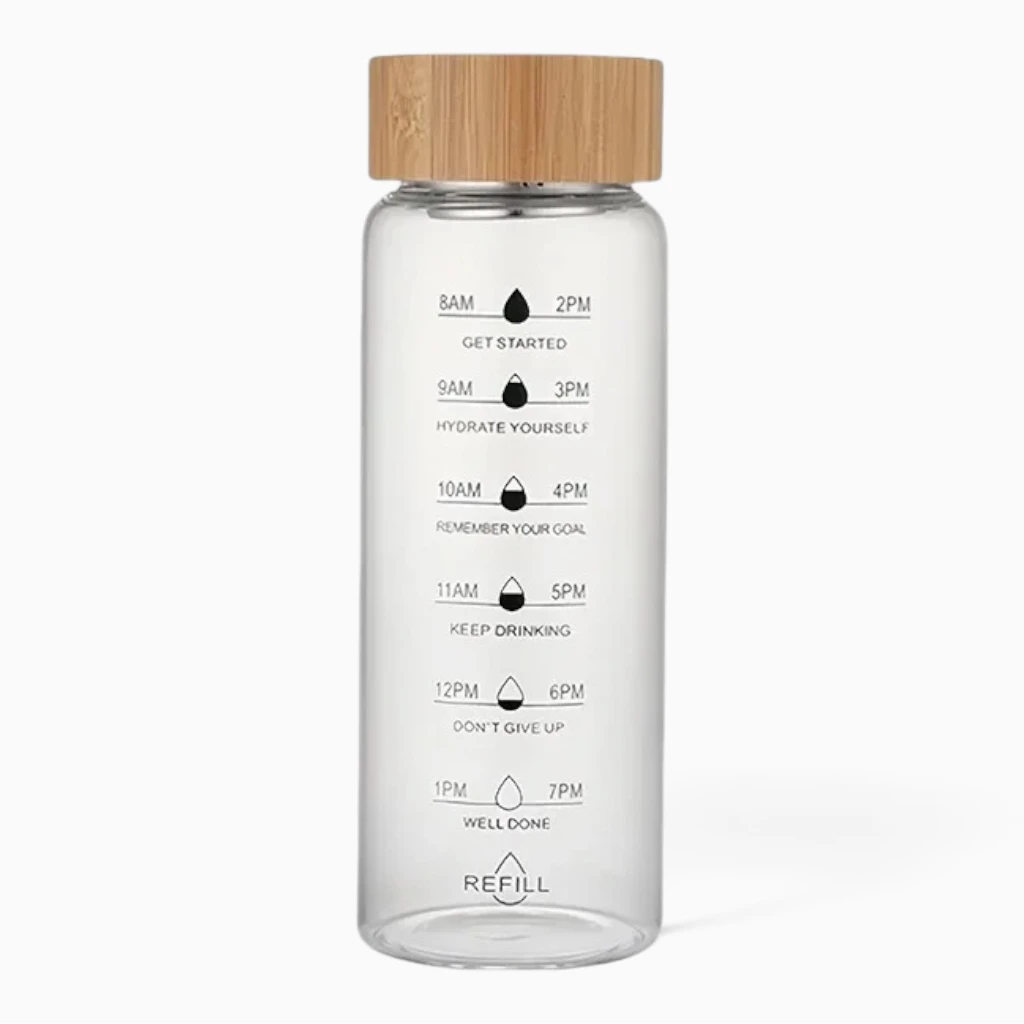 Gourde motivation 700 ml en verre borosilicaté transparent avec graduations horaires et couvercle en bambou