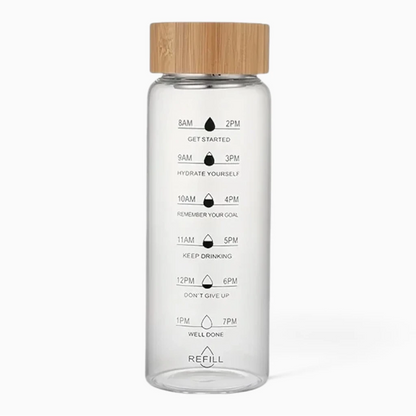 Gourde motivation 700 ml en verre borosilicaté transparent avec graduations horaires et couvercle en bambou