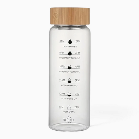 Gourde motivation 700 ml en verre borosilicaté transparent avec graduations horaires et couvercle en bambou