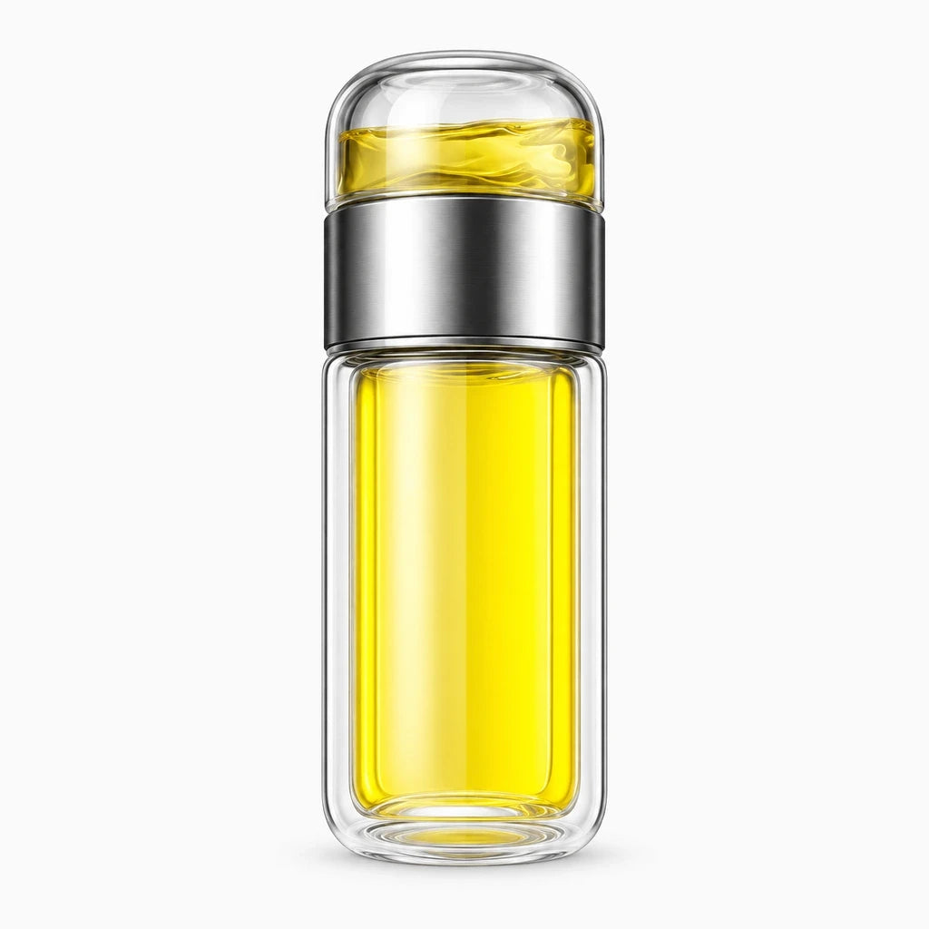 Thermos pour thé en borosilicate avec base argentée et système de filtration intégré