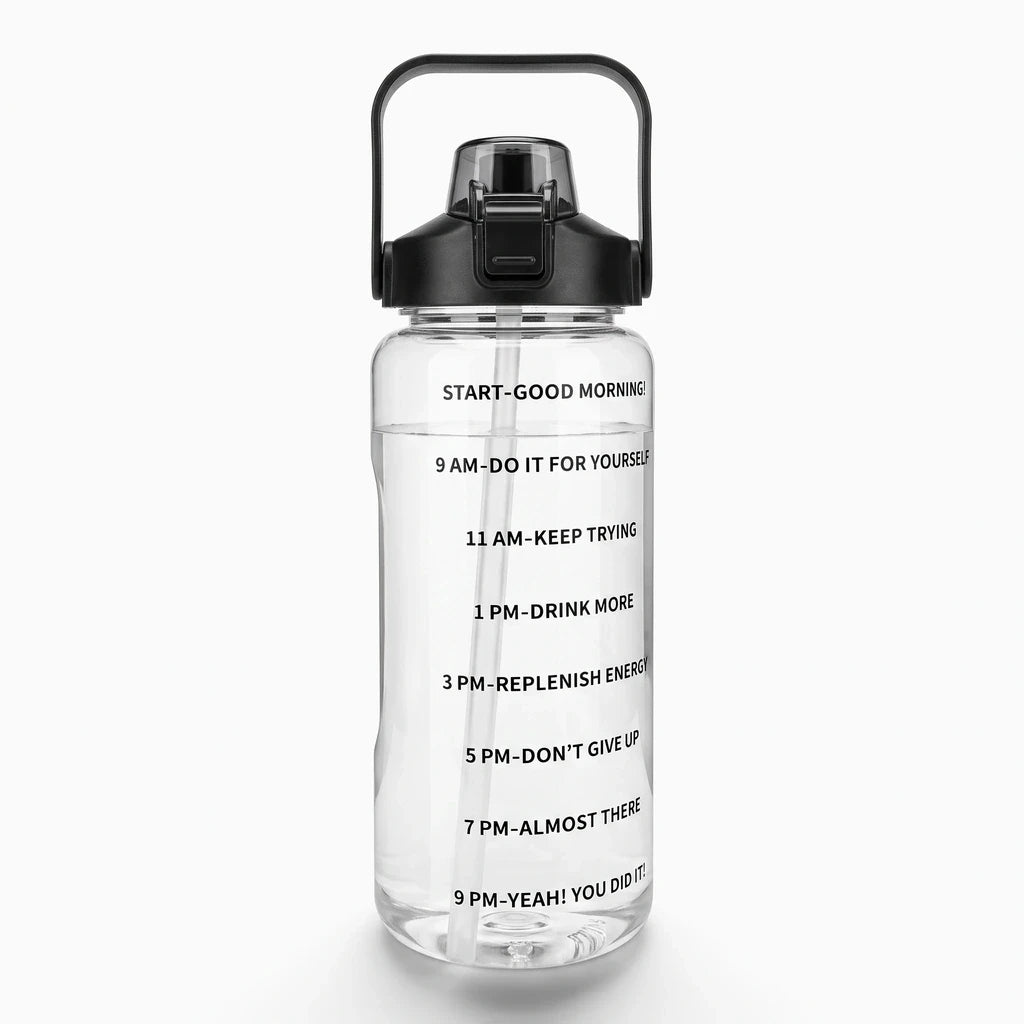 Gourde 2L avec paille, coloris vert, marquages temporels pour suivi hydratation quotidienne