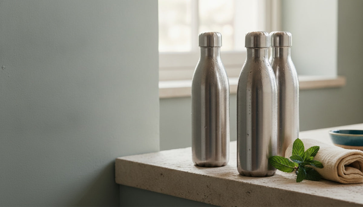 Trois gourdes en inox brossé couvertes de condensation sur une tablette de pierre claire, à côté d'une serviette roulée et d'un brin de menthe.