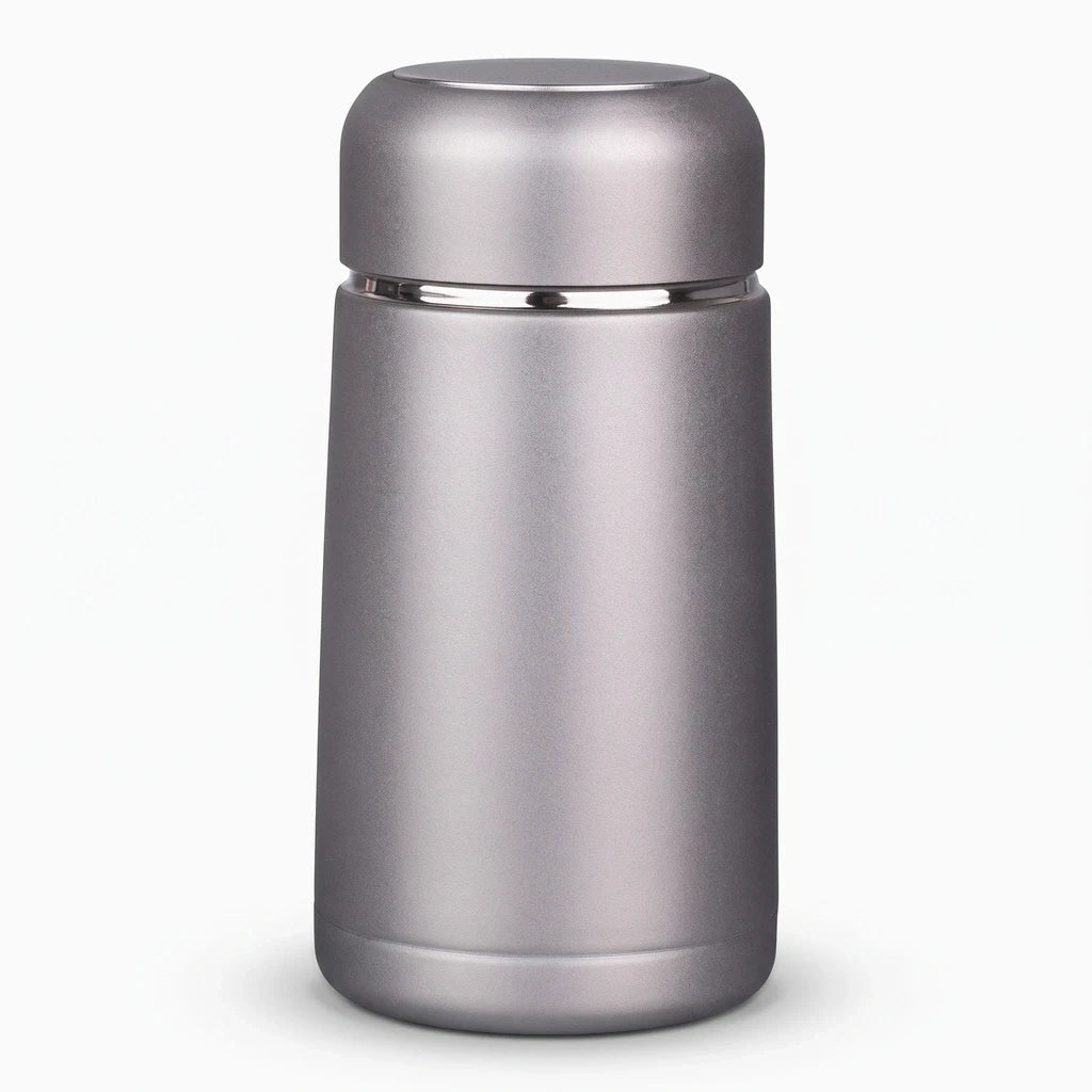 Mini bouteille isotherme argentée de format compact pour sac et porte-gobelet