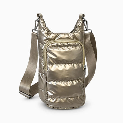 Porte gourde bandoulière en nylon noir avec sangle réglable et poche avant