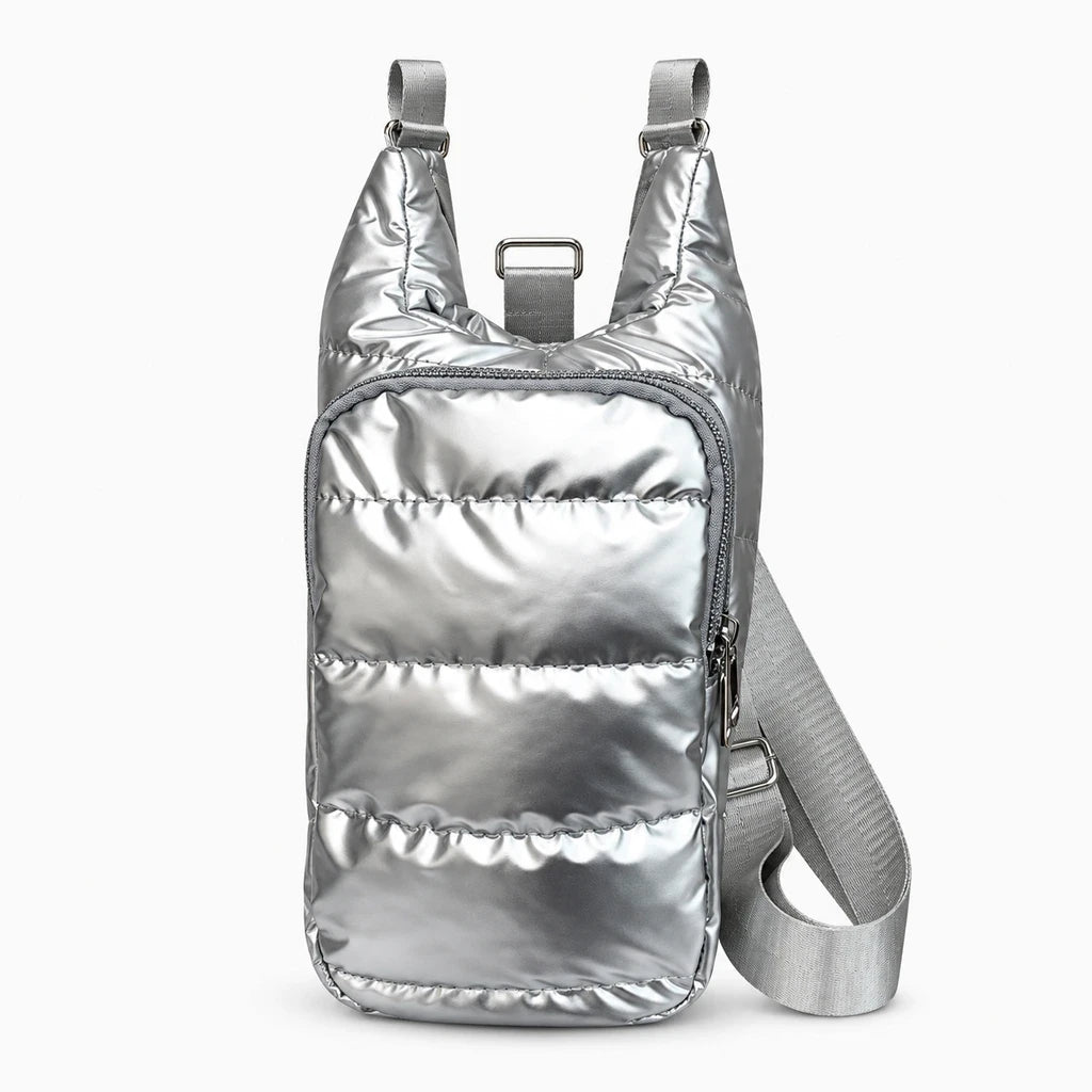 Sac porte-bouteille bandoulière porté en travers du buste, compartiment principal ouvert