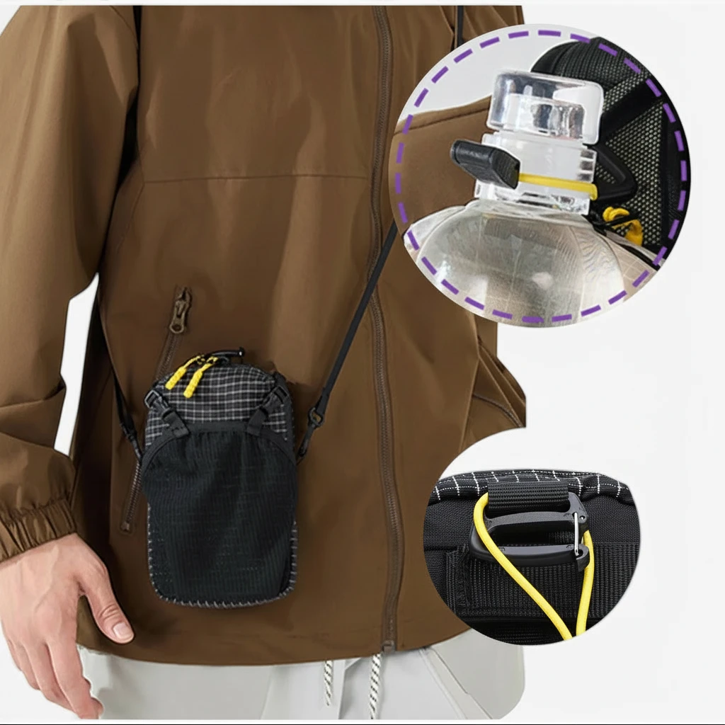 Gourde sac à dos montrant la pochette latérale de fixation et le compartiment téléphone