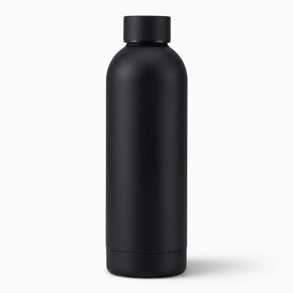 Flacon isotherme noir en acier inoxydable, design ergonomique pour transport nomade