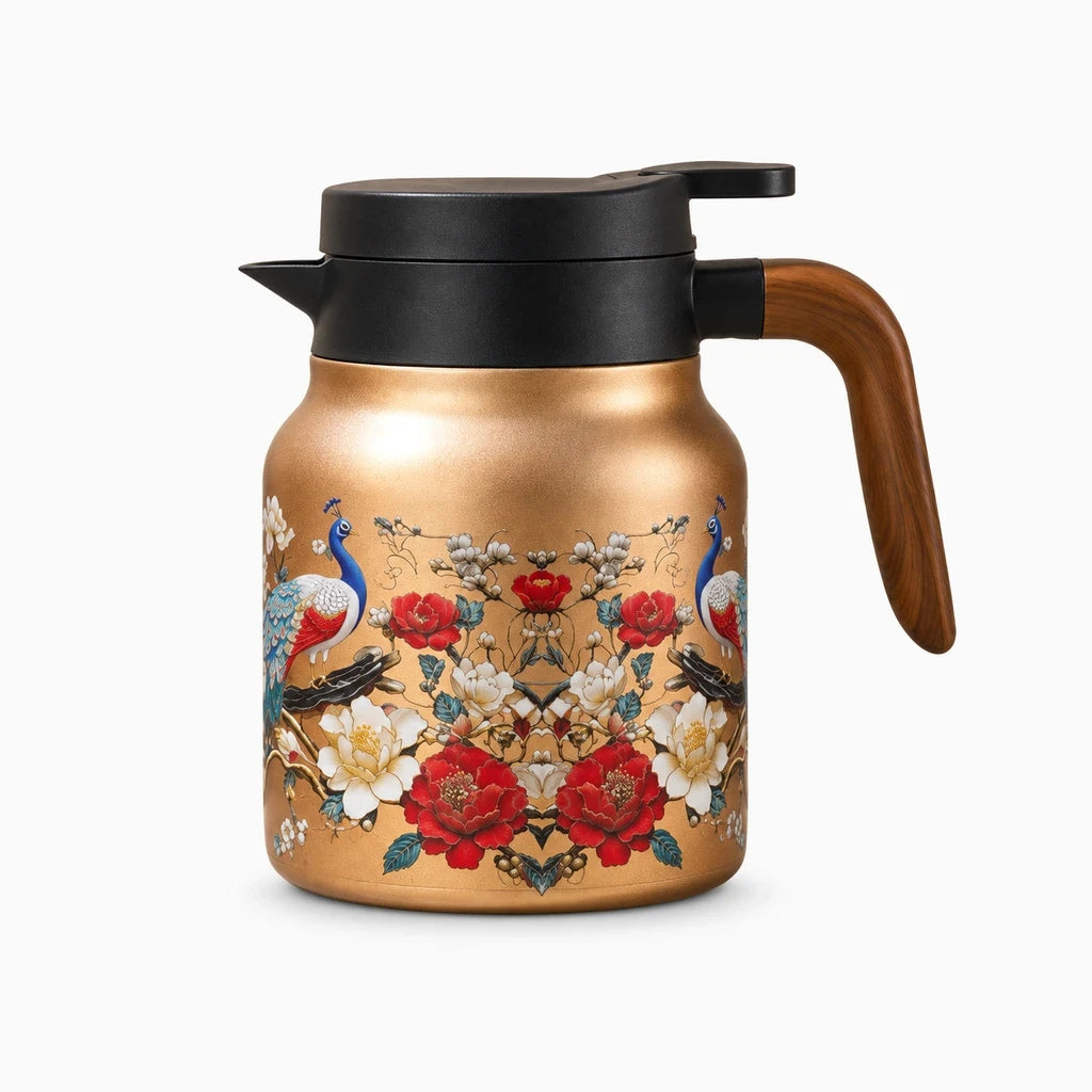 Théière thermos inox ornée d'un décor paon doré, vue de trois quarts