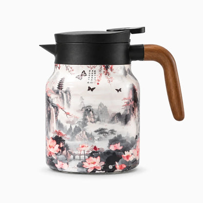 Détail du filtre anti-goutte et du bec verseur précis de la théière thermos