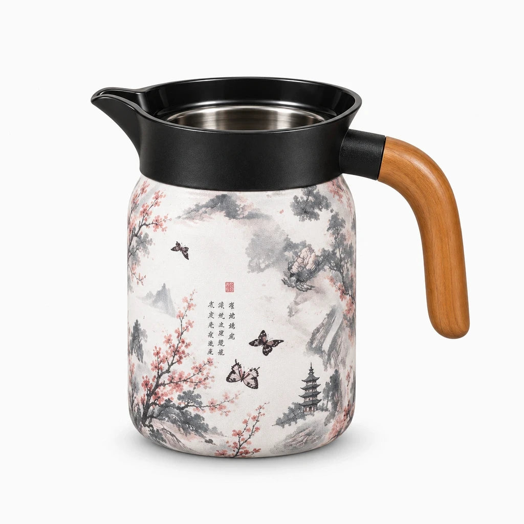 Thermos théière de bureau avec motif paysage fleuri et finition en acier poli